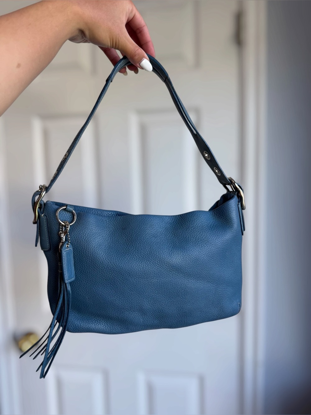 Vintage Coach F02188 East West Duffle Light Blue Pebbled Leather Tassel Bag